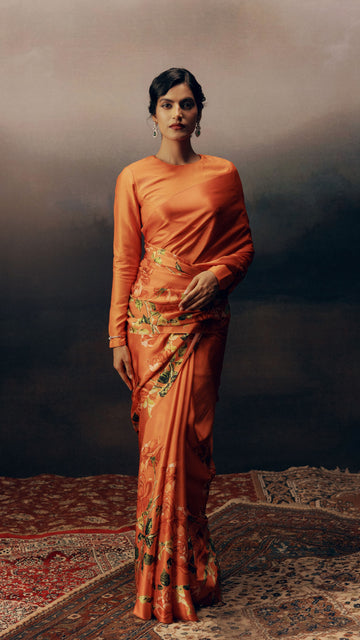 Women’s Copper Blush Satin Silk Printed Saree S7