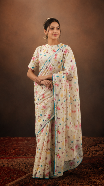 Women's Cream Floral Printed Georgette Saree with Contrast Border | Lightweight Party & Casual Wear S32