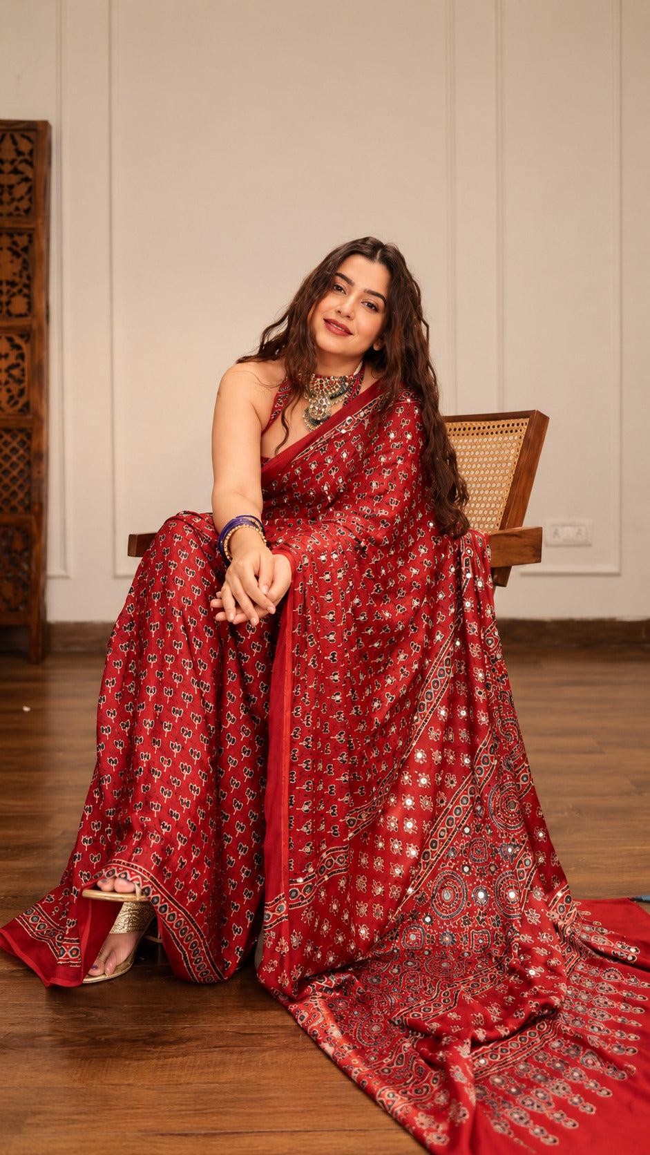 Women's Red Silk Saree with Original Mirror Work | Traditional Printed Ethnic Party Wear Saree S35