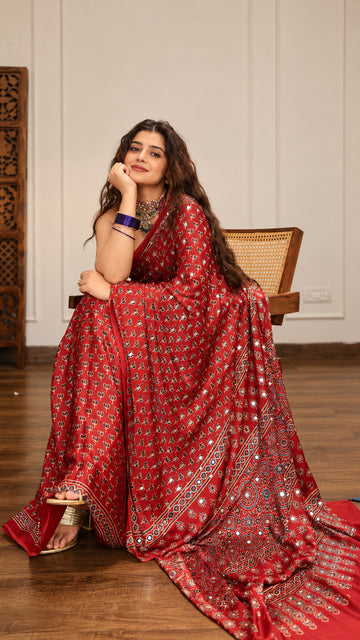 Women's Red Silk Saree with Original Mirror Work | Traditional Printed Ethnic Party Wear Saree S35