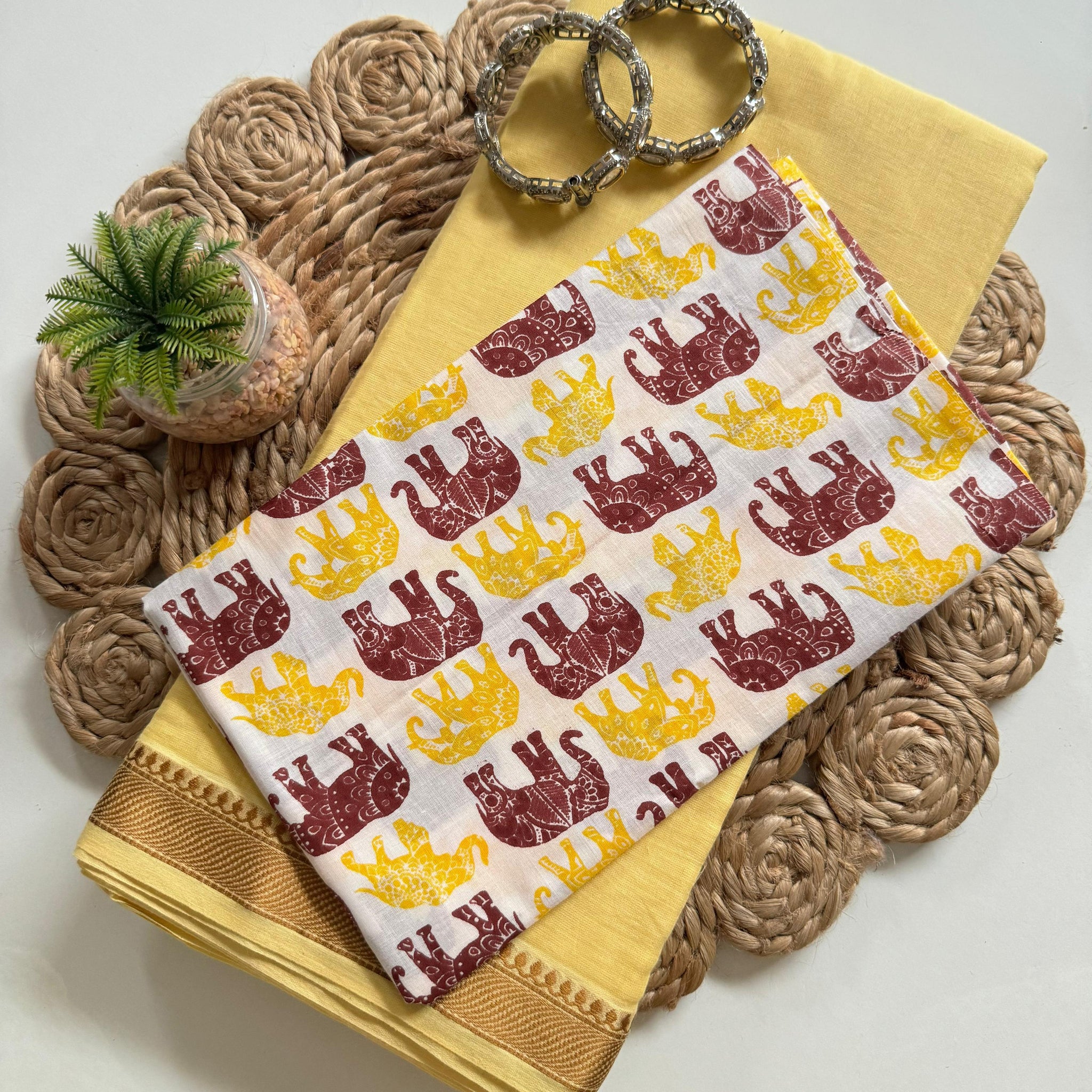 Yellow Mul Cotton Saree with Elephant Print Blouse S2339